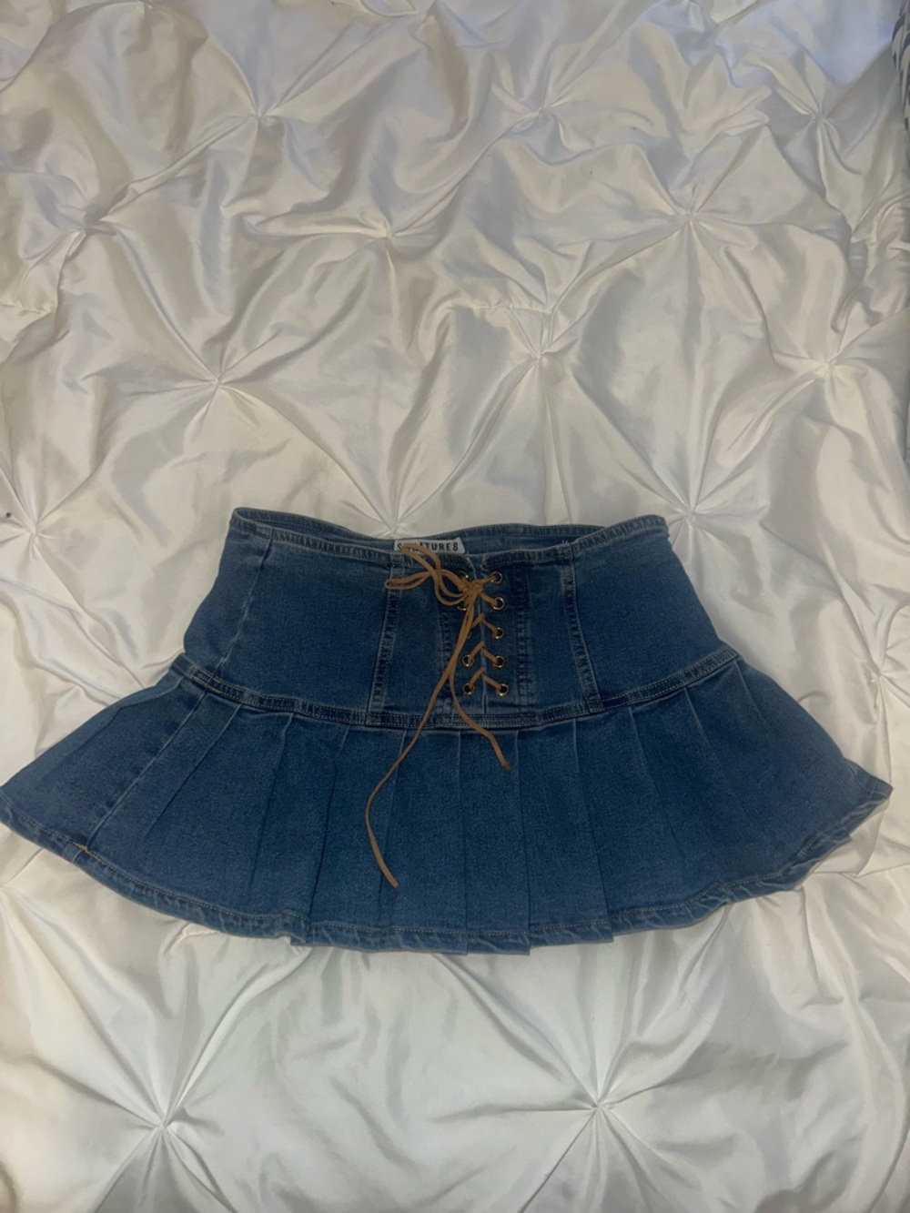 Signature Denim Lace-Up Pleated Mini Skirt - Blue